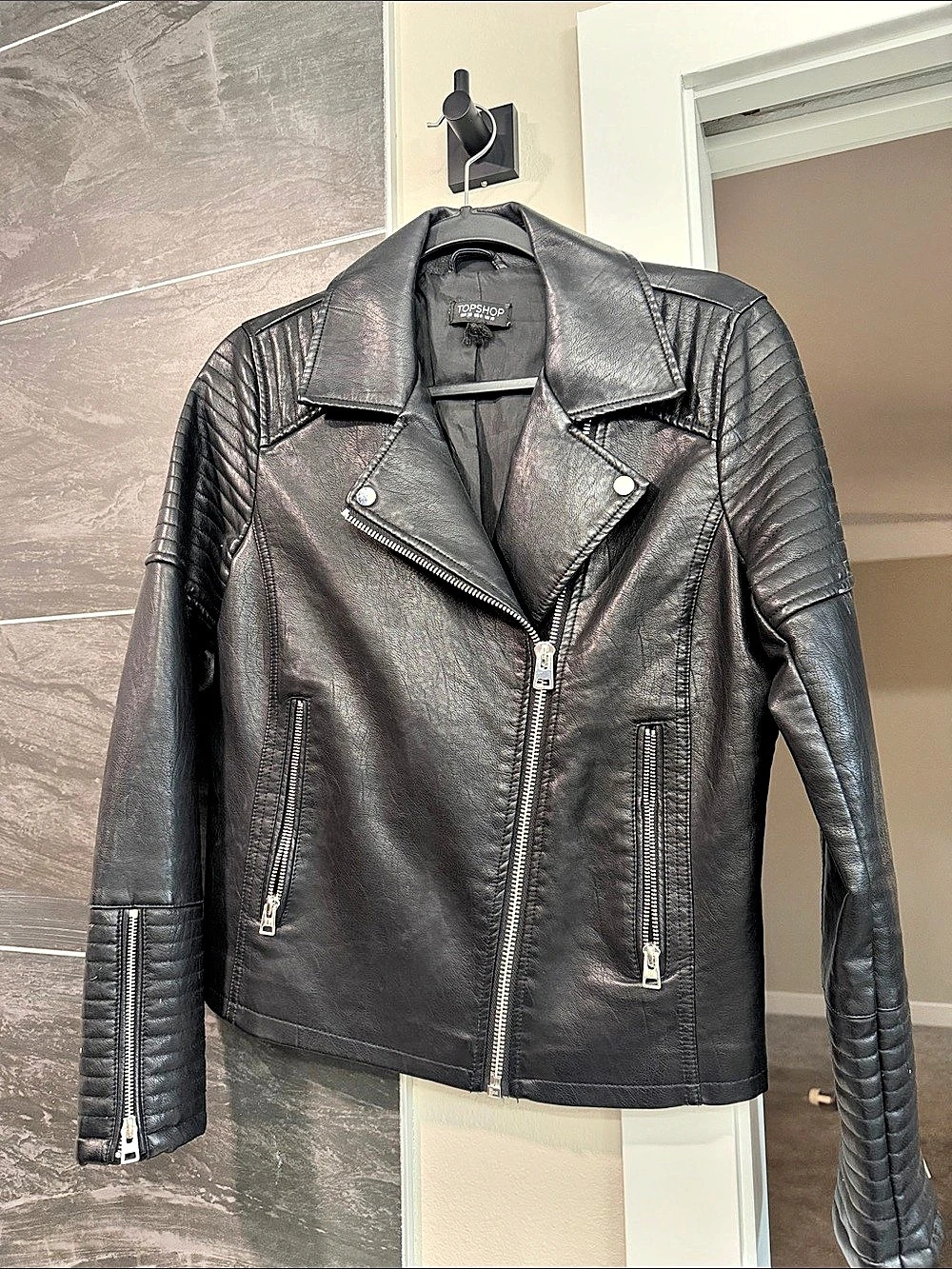 Topshop Faux Leather Quilted-Shoulder Biker Jacket